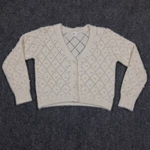 Luna Ivy Cream Diamond Pattern Covered in Perls Cardigan Sweater Women‎ M